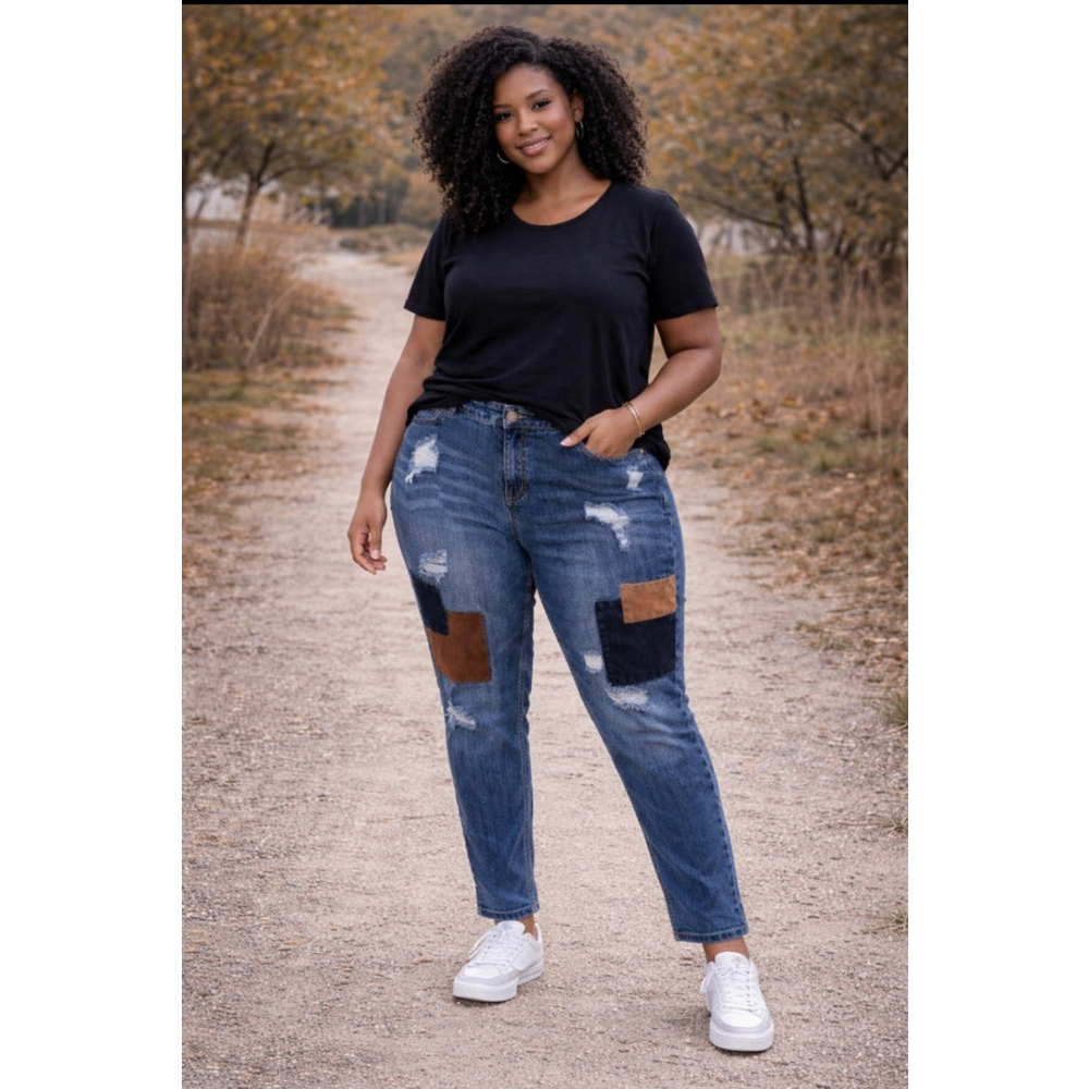 Plus Size 18W Patchwork Distressed Full Length Jeans – Boho Western Style